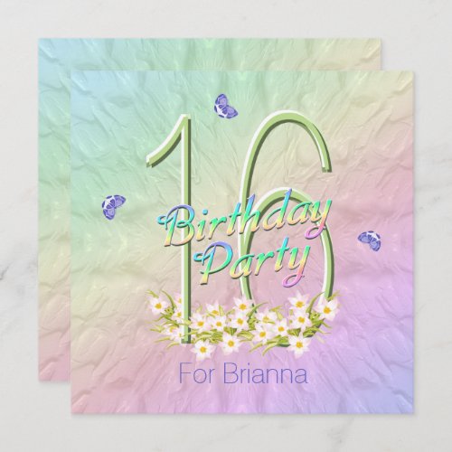 Rainbow Butterflies 16th Birthday Party Invitation