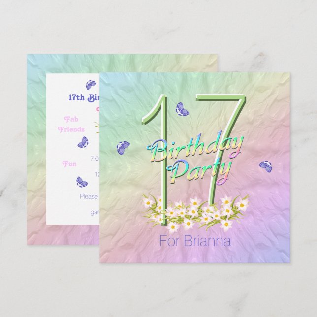 Rainbow Butterflies 17th Birthday Party Invitation (Front/Back)