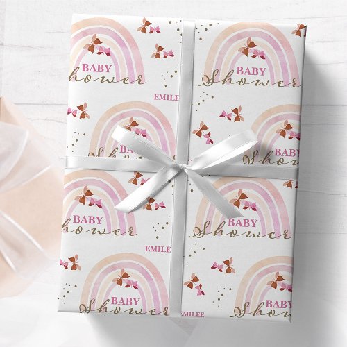 Rainbow Butterflies Baby Shower Pastel Pinks Wrapping Paper