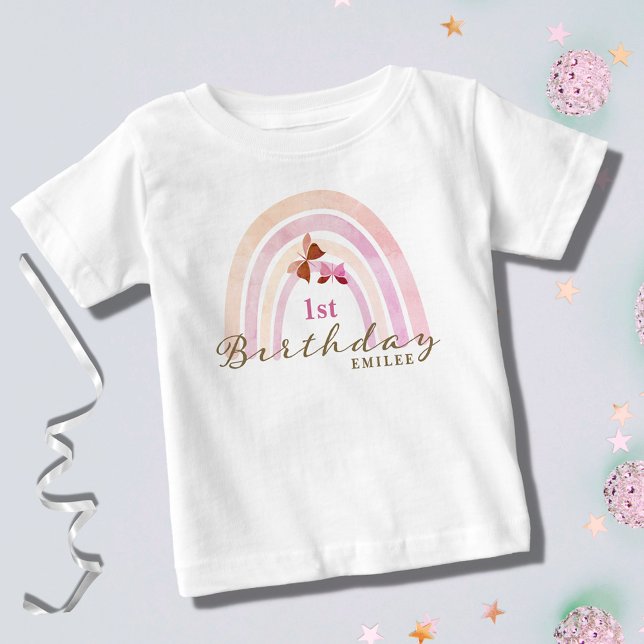 Rainbow Butterflies Birthday Party Pastel Pinks Baby T-Shirt (Creator Uploaded)