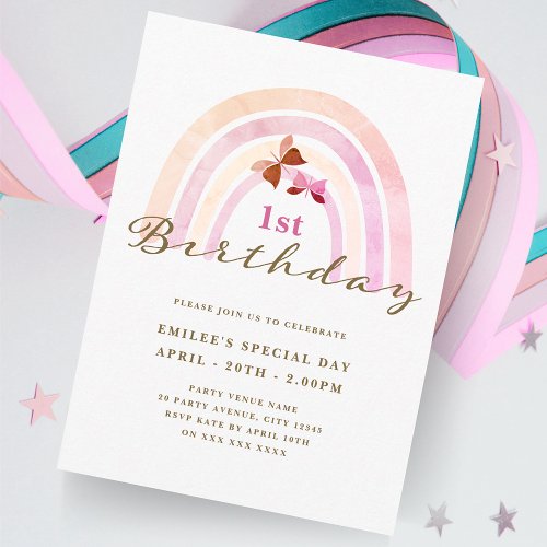 Rainbow Butterflies Birthday Party Pastel Pinks Invitation