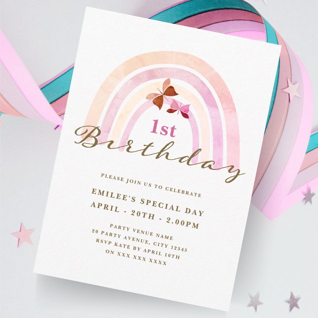 Rainbow Butterflies Birthday Party Pastel Pinks Invitation (Creator Uploaded)