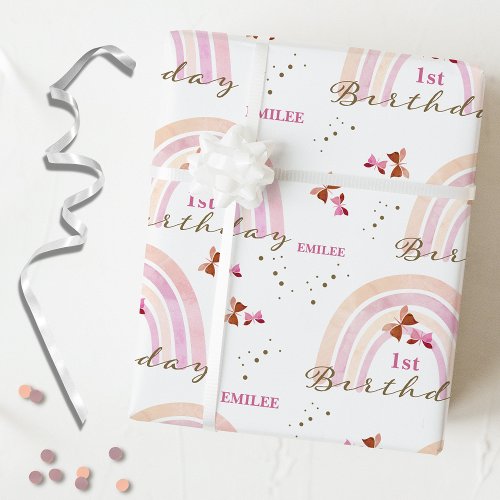 Rainbow Butterflies Birthday Pastel Pinks Wrapping Paper
