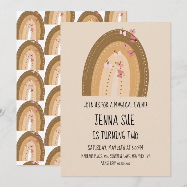 Rainbow Butterflies Bohemian Hand Drawn Birthday Invitation (Front/Back)