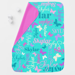 Rainbow butterflies custom name aqua pink Skylar Baby Blanket
