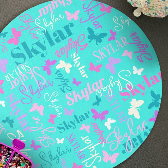 Rainbow butterflies custom name aqua Skylar Rug (Creator Uploaded)