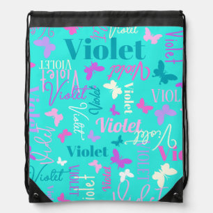 Rainbow butterflies custom name aqua violet drawstring bag