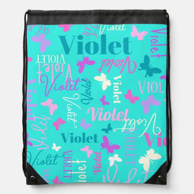 Rainbow butterflies custom name aqua violet drawstring bag (Front)