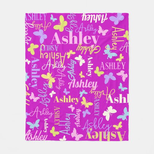 Rainbow butterflies custom name Ashley purple Fleece Blanket