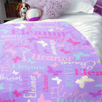 Rainbow Butterflies Custom Name Purple Eleanor Fleece Blanket by Mylittleeden at Zazzle