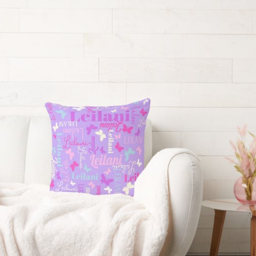 Rainbow butterflies custom name purple Leilani Throw Pillow