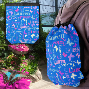 Rainbow butterflies custom name sky blue Lauren  Drawstring Bag
