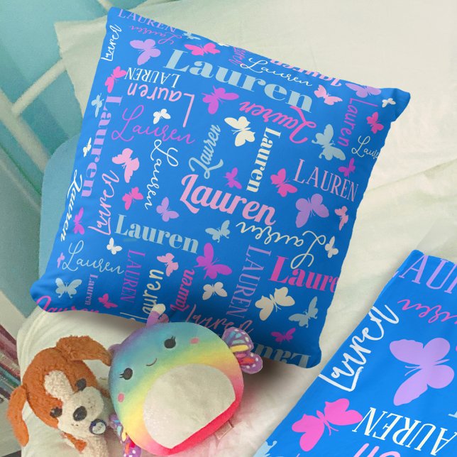 Rainbow butterflies custom name sky blue Lauren Throw Pillow (Creator Uploaded)