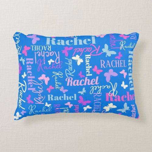 Rainbow butterflies custom name sky blue Rachel Accent Pillow