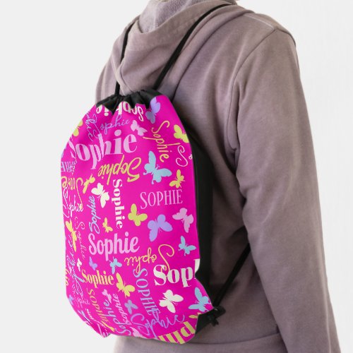 Rainbow butterflies custom name Sophie hot pink  Drawstring Bag