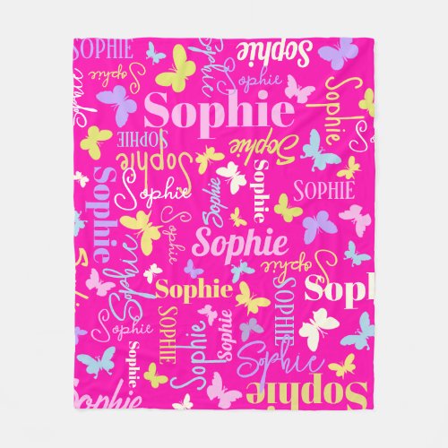 Rainbow butterflies custom name Sophie hot pink Fleece Blanket