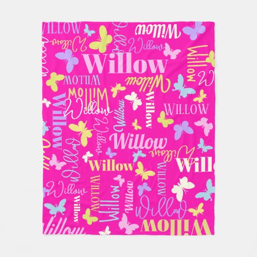 Rainbow butterflies custom name Willow hot pink Fleece Blanket
