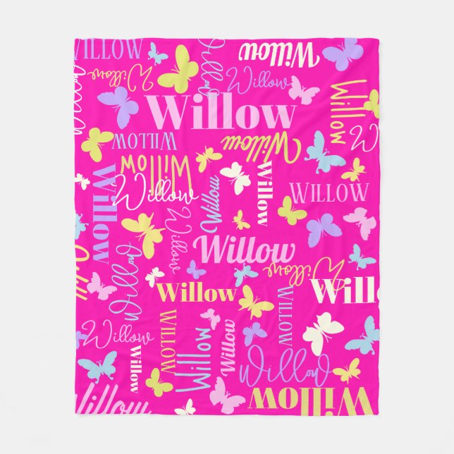 Rainbow butterflies custom name Willow hot pink Fleece Blanket (Front)