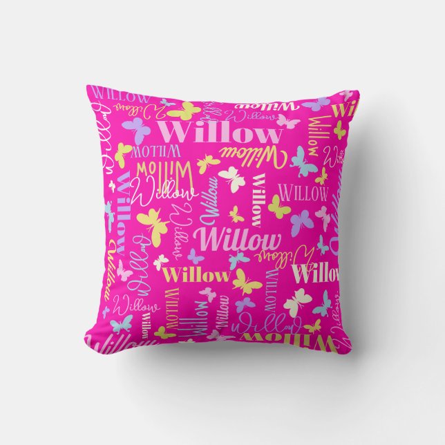 Rainbow butterflies custom name Willow hot pink  Throw Pillow (Front)