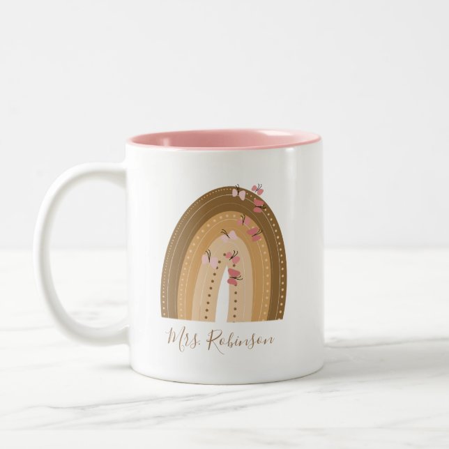 Rainbow Butterflies Script Teachers Name   Two-Tone Coffee Mug (Left)