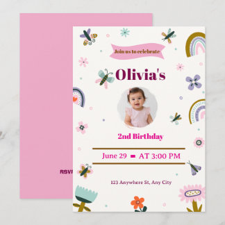 Rainbow Butterfly 2nd Birthday Invite