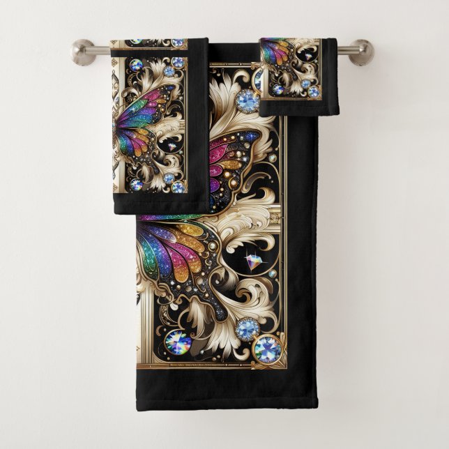 Rainbow Butterfly Art Deco Art Nouveau Bath Towel Set (Insitu)
