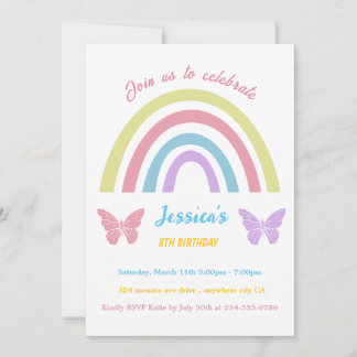 Rainbow & butterfly Birthday for Girls editable Invitation