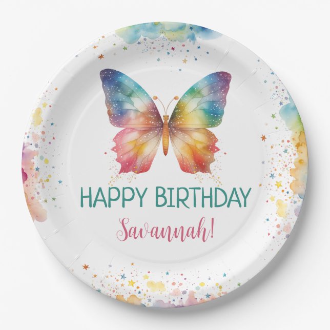 Rainbow Butterfly Birthday Paper Plates (Front)