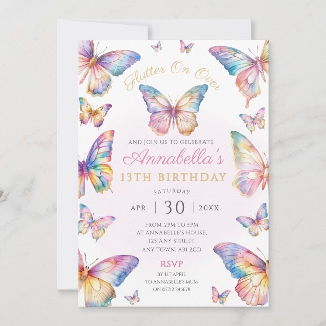 Rainbow Butterfly Birthday Party Invitation (Front)