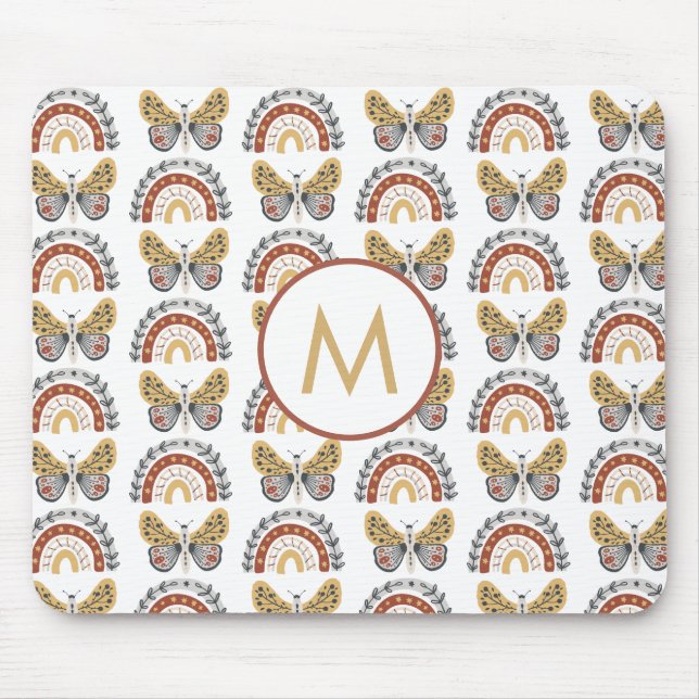 Rainbow Butterfly Boho Pattern Monogram Mouse Pad (Front)