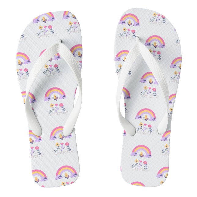 Rainbow Butterfly Cloud Flowers Flip Flops (Footbed)