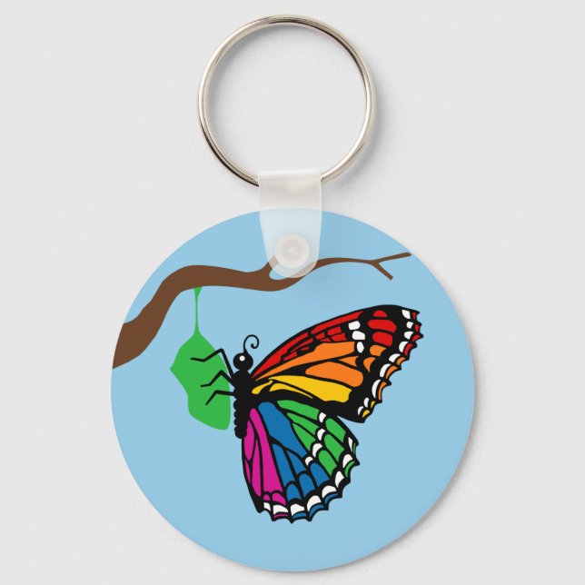 Rainbow Butterfly Emerging From Chrysalis Keychain (Front)