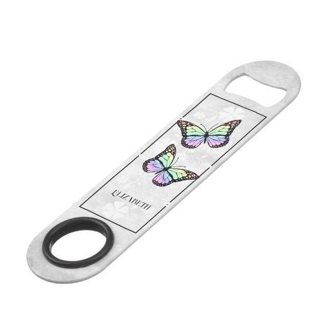 Rainbow Butterfly Floral Personalized Bar Key (Front Angled)