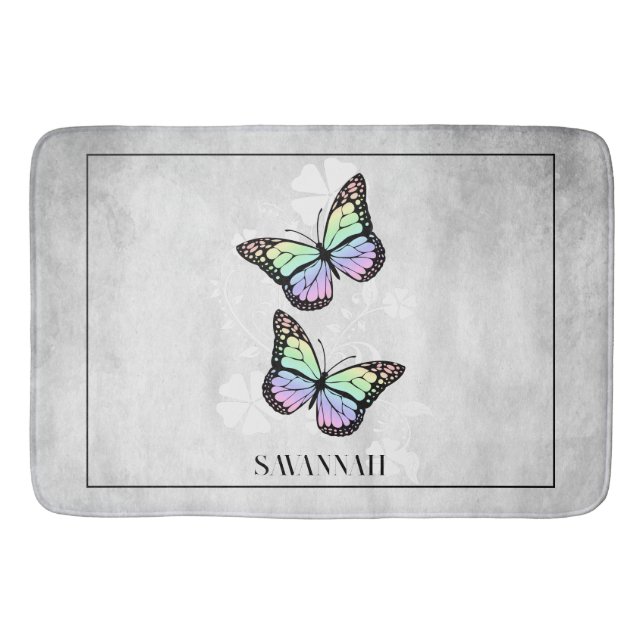 Rainbow Butterfly Floral Personalized Bath Mat (Front)