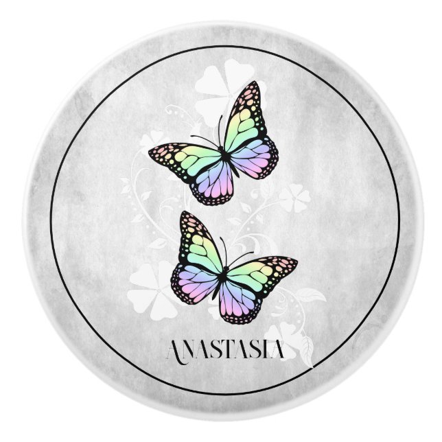 Rainbow Butterfly Floral Personalized Ceramic Knob (Front)