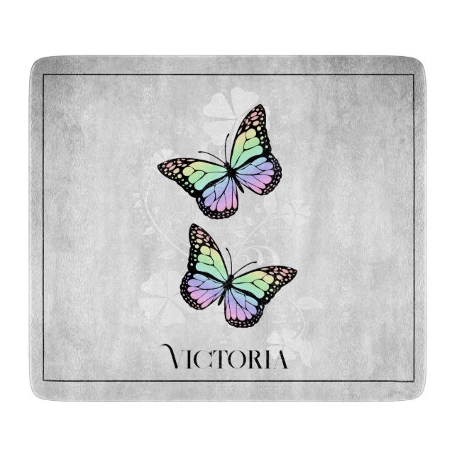 Rainbow Butterfly Floral Personalized Cutting Board (Front)