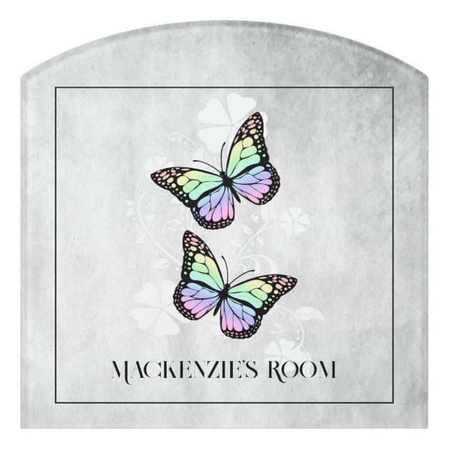 Rainbow Butterfly Floral Personalized Door Sign (Contour Front)