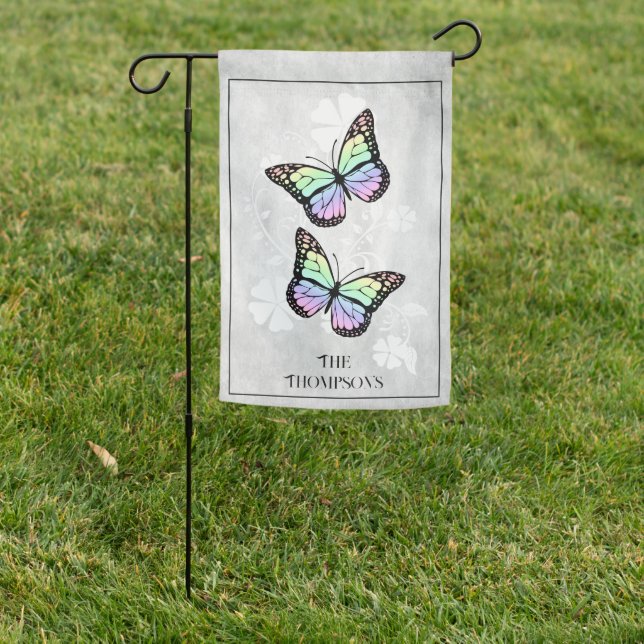 Rainbow Butterfly Floral Personalized Garden Flag (In SItu)