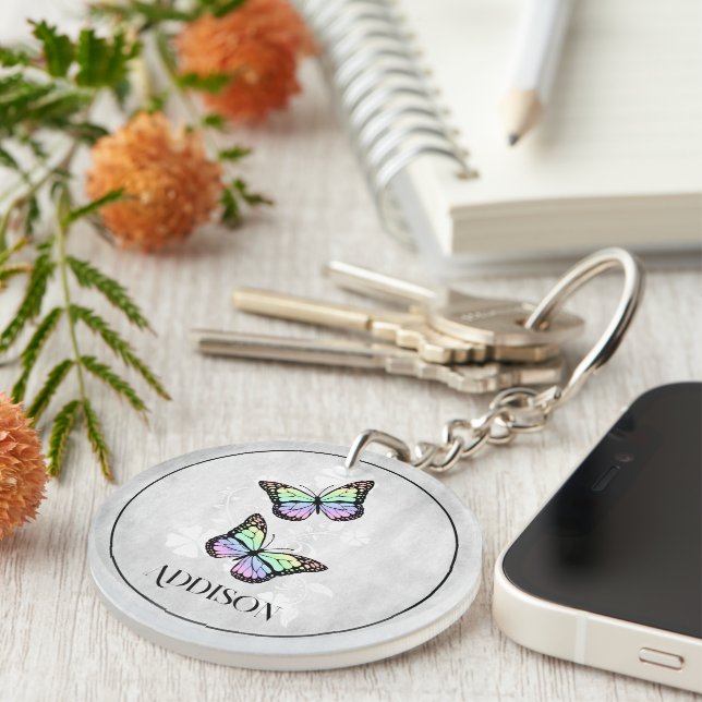 Rainbow Butterfly Floral Personalized Keychain (Front Right)