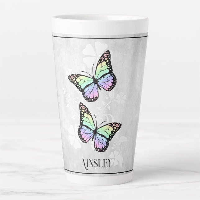 Rainbow Butterfly Floral Personalized Latte Mug (Front)