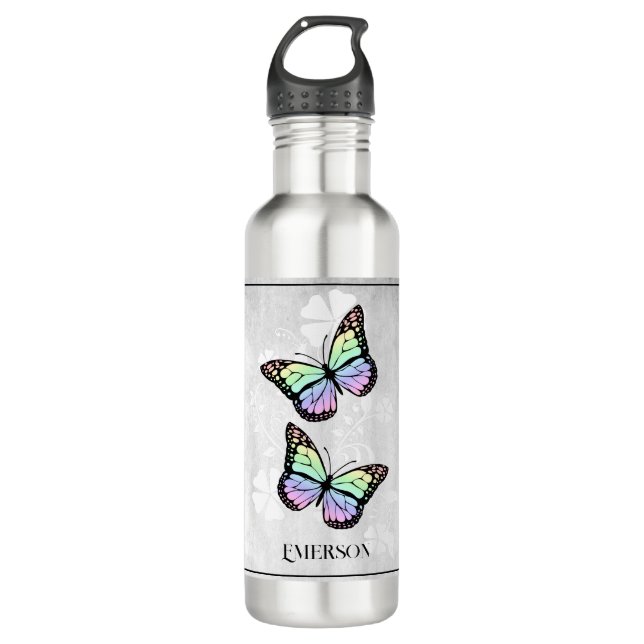 Rainbow Butterfly Floral Personalized Stainless Steel Water Bottle (Front)
