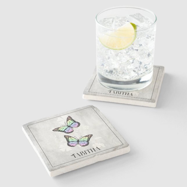 Rainbow Butterfly Floral Personalized Stone Coaster (Side)