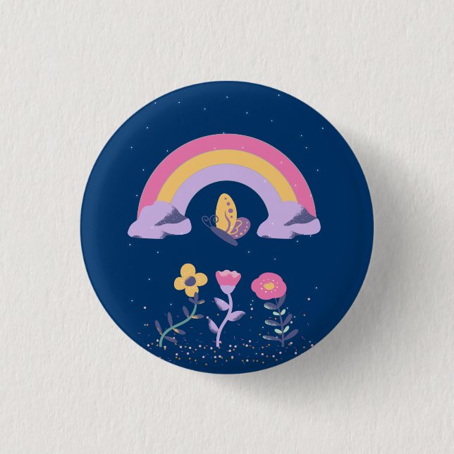 Rainbow Butterfly Flowers Cloud Button (Front)