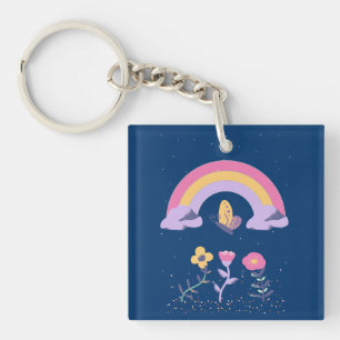 Rainbow Butterfly Flowers Cloud Keychain