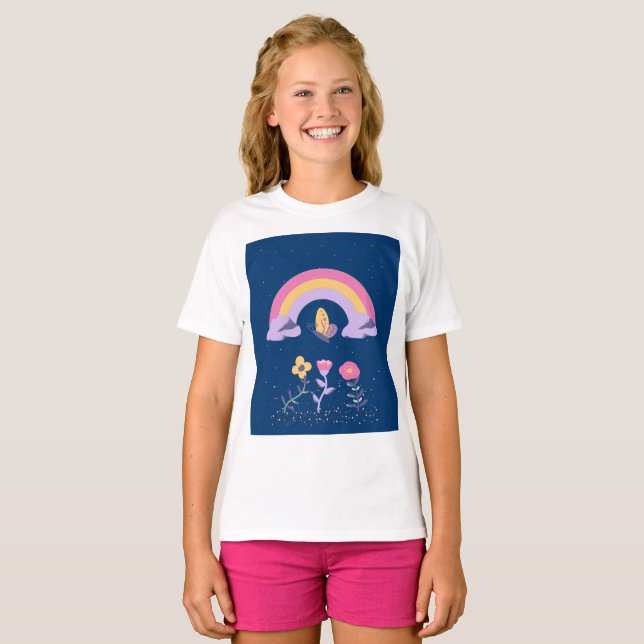Rainbow Butterfly Flowers Cloud T-Shirt (Front Full)