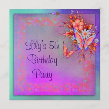 Rainbow Butterfly Girls 5th Birthday Party Invitation by InvitationCentral at Zazzle