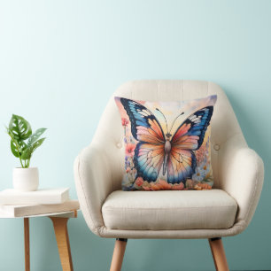 Rainbow Butterfly in a Flower Garden Throw Pillow