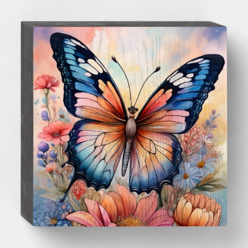 Rainbow Butterfly in a Flower Garden Wooden Box Sign