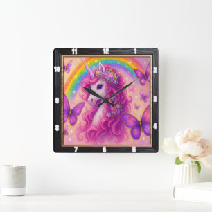 Rainbow Butterfly Magical Unicorn Square Wall Clock