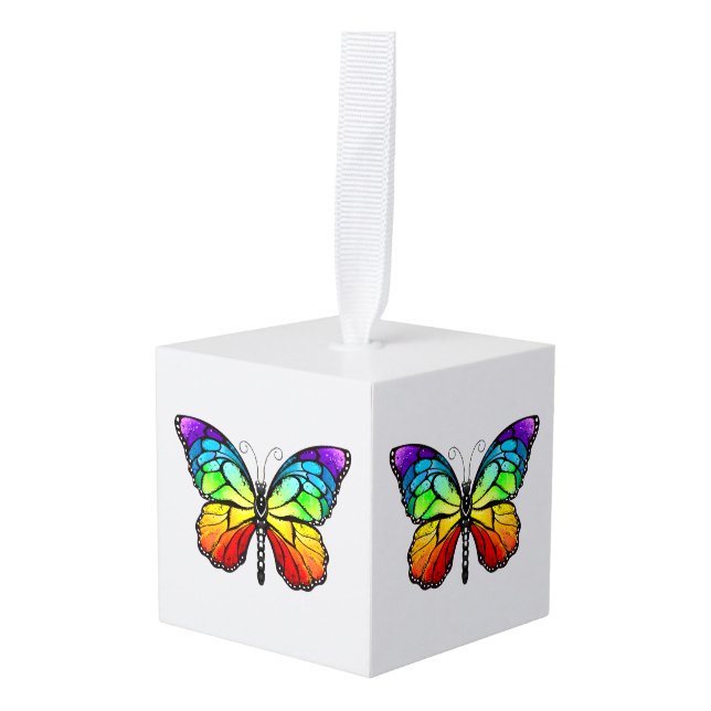 Rainbow butterfly Monarch Cube Ornament (Front Angled)